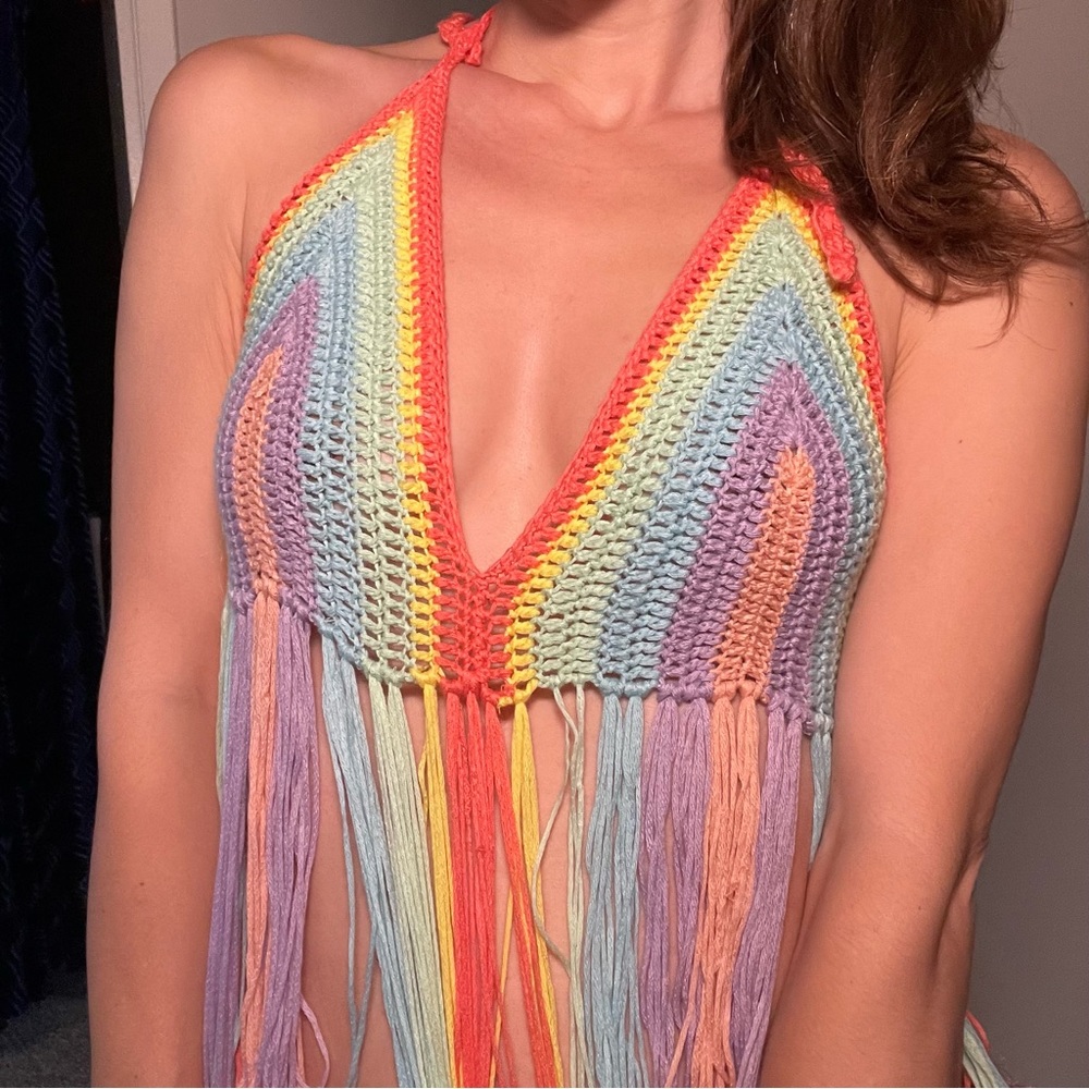 GIFTED Pastel Rainbow Crochet Boho Festival Tank Fringe - Picture 2 of 6